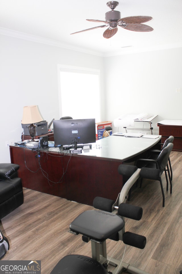 office area featuring ceiling fan, ornamental molding, and hardwood / wood-style floors