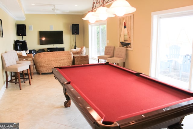 rec room featuring pool table, ornamental molding, ceiling fan, and tile patterned floors