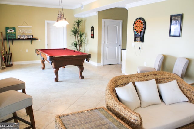 rec room with crown molding, light tile patterned floors, and billiards