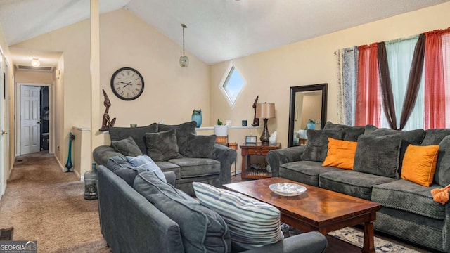 living room featuring high vaulted ceiling and carpet floors