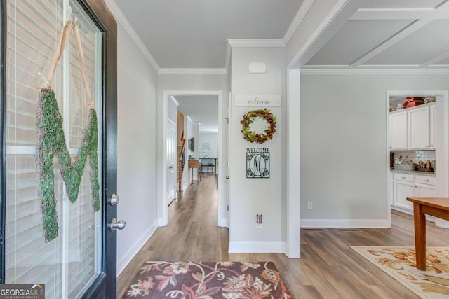 hallway with crown molding and wood-type flooring