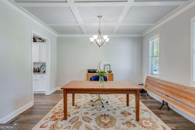 office area with a chandelier, ornamental molding, dark hardwood / wood-style floors, and coffered ceiling