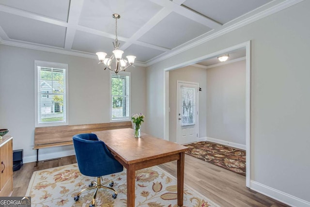 home office featuring hardwood / wood-style flooring, coffered ceiling, and plenty of natural light