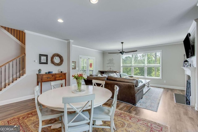 dining room with a wealth of natural light, ceiling fan, crown molding, and hardwood / wood-style flooring