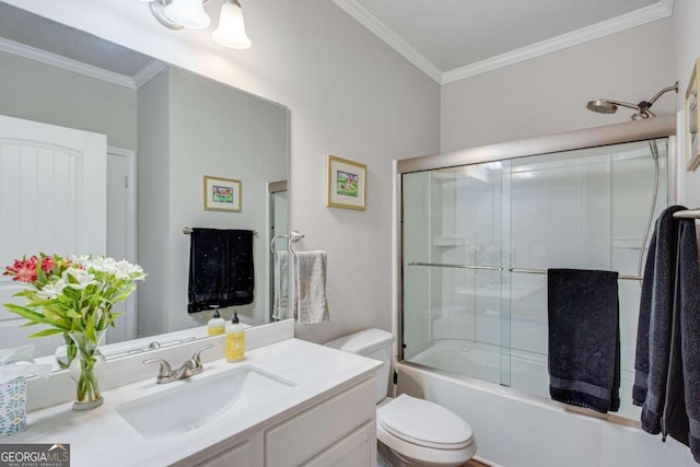 full bathroom with bath / shower combo with glass door, toilet, vanity, and ornamental molding