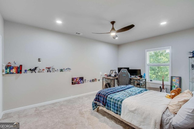 bedroom featuring ceiling fan and carpet floors