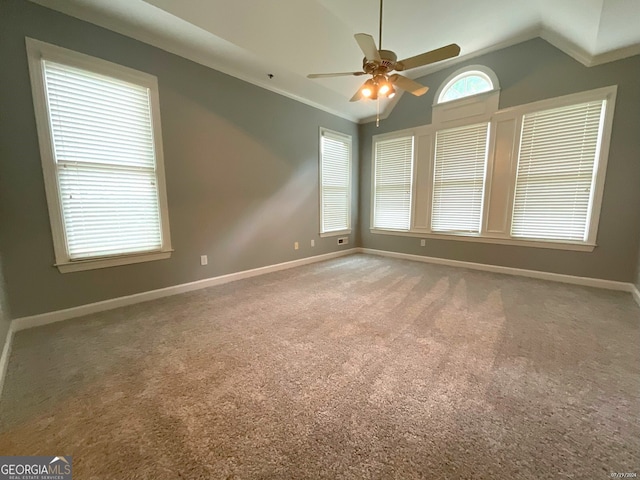 carpeted spare room with ceiling fan, vaulted ceiling, and plenty of natural light