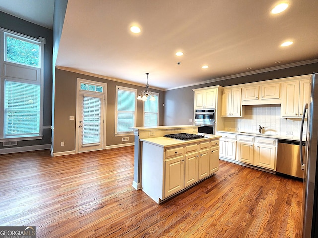 kitchen featuring a wealth of natural light, hardwood / wood-style flooring, stainless steel appliances, and decorative light fixtures