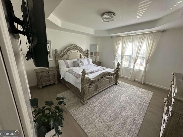 bedroom featuring a raised ceiling and hardwood / wood-style floors