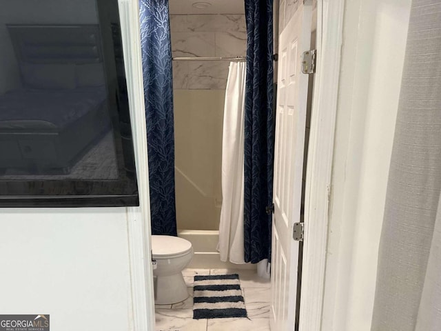 bathroom with tile patterned flooring, toilet, and shower / tub combo with curtain