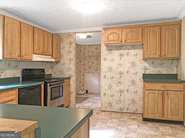 kitchen featuring electric range, dishwasher, a textured ceiling, and ornamental molding