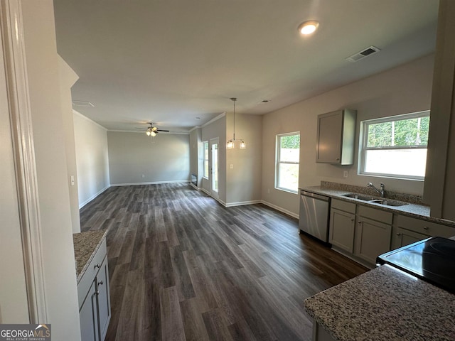 kitchen with dishwasher, sink, crown molding, ceiling fan, and dark wood-type flooring