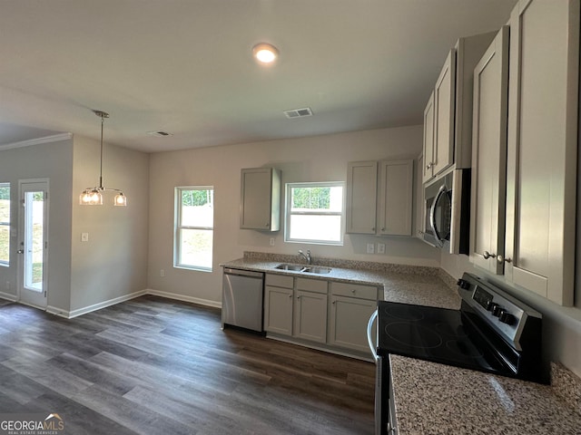 kitchen featuring stainless steel appliances, a chandelier, dark hardwood / wood-style floors, sink, and pendant lighting