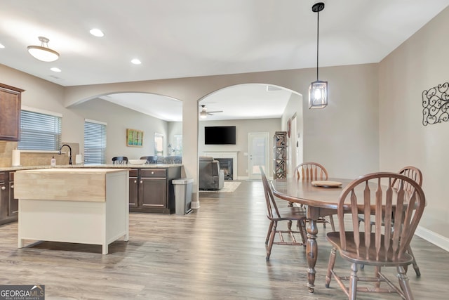 kitchen featuring decorative light fixtures, a ceiling fan, open floor plan, dark brown cabinets, and wood finished floors