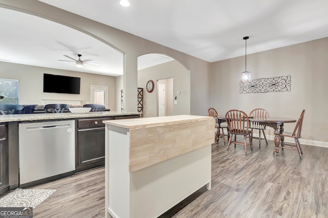 kitchen with decorative light fixtures, light hardwood / wood-style floors, stainless steel dishwasher, a healthy amount of sunlight, and ceiling fan