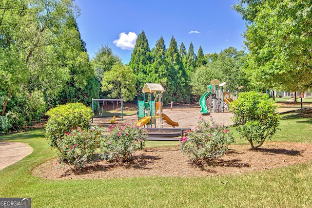 view of jungle gym with a yard