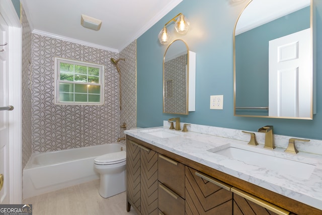 full bathroom featuring toilet, shower / tub combination, vanity, and ornamental molding