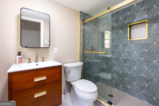 bathroom with toilet, walk in shower, vanity, and tile patterned floors