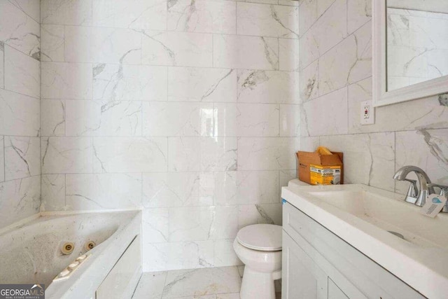 bathroom featuring toilet, a bathing tub, vanity, and tile walls