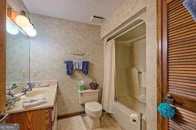 full bathroom featuring vanity, a textured ceiling, toilet, and shower / bathtub combination with curtain