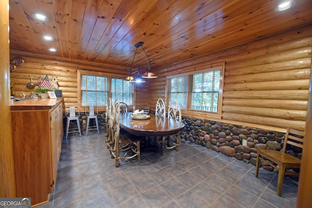 dining space with a healthy amount of sunlight, wood ceiling, and log walls