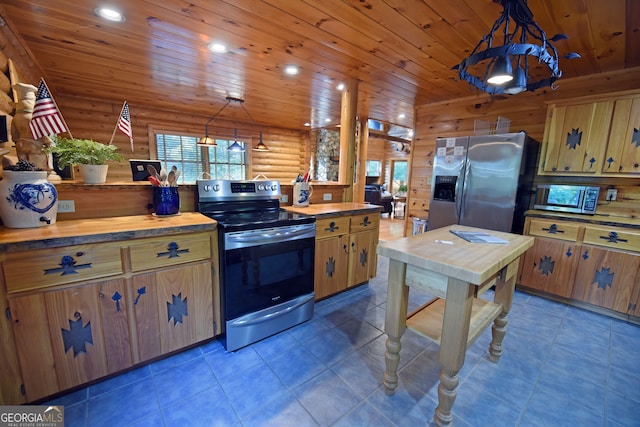 kitchen featuring appliances with stainless steel finishes, decorative light fixtures, rustic walls, and wood ceiling