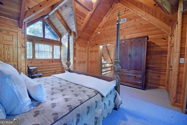 carpeted bedroom featuring wood ceiling, beam ceiling, and high vaulted ceiling