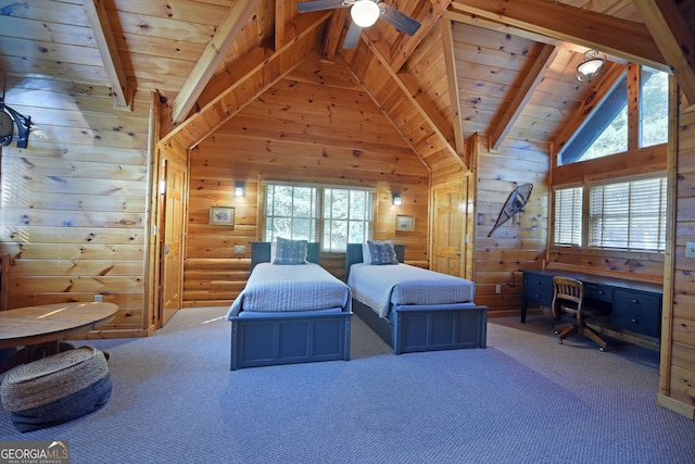 bedroom featuring beam ceiling, high vaulted ceiling, and wooden ceiling