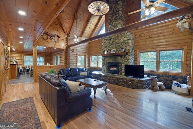 living room featuring light wood-type flooring, wood ceiling, high vaulted ceiling, and log walls