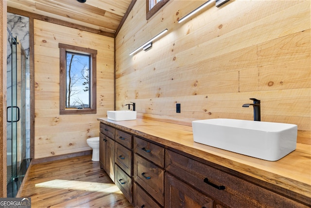 bathroom with wooden walls, vanity, wood-type flooring, toilet, and walk in shower