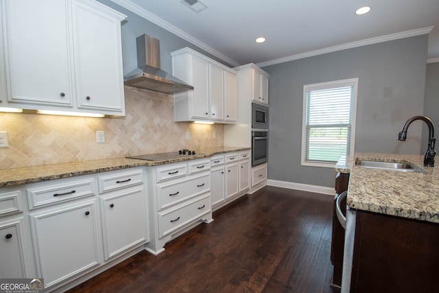 kitchen with white cabinetry, sink, wall chimney range hood, and stainless steel appliances