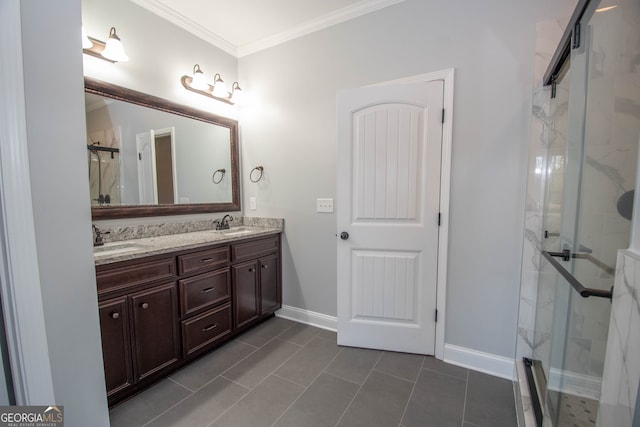 bathroom with crown molding, tile patterned flooring, vanity, and walk in shower