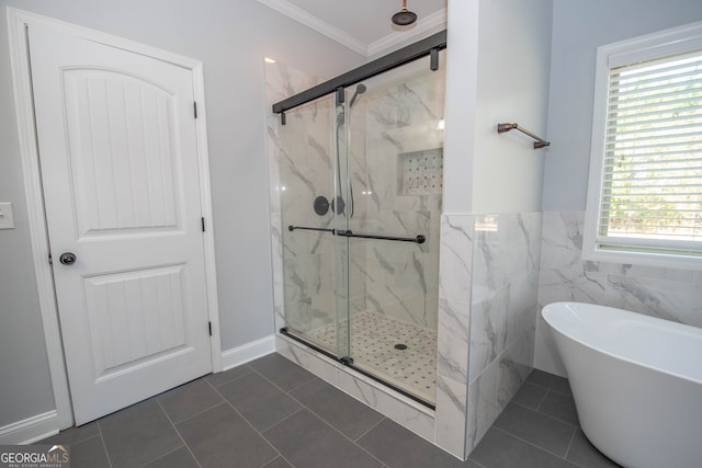 bathroom with tile patterned flooring, ornamental molding, tile walls, and independent shower and bath