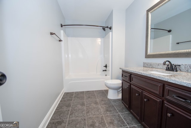 full bathroom with shower / bathing tub combination, vanity, toilet, and tile patterned flooring