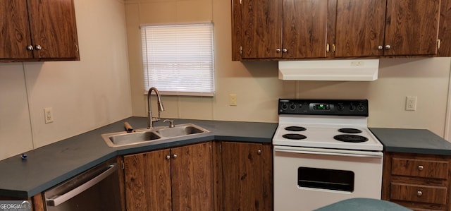 kitchen featuring white electric stove, dark countertops, stainless steel dishwasher, a sink, and under cabinet range hood