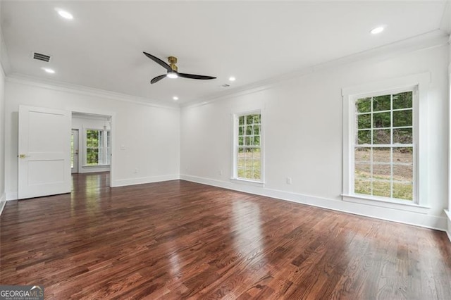 unfurnished living room featuring hardwood / wood-style flooring, ceiling fan, and ornamental molding