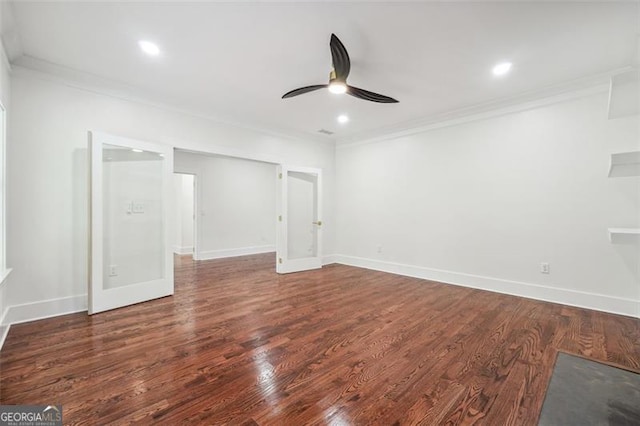 interior space featuring ceiling fan, crown molding, and hardwood / wood-style floors