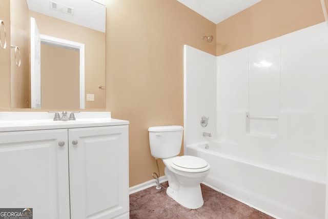 full bathroom featuring bathtub / shower combination, toilet, tile patterned flooring, vanity, and visible vents