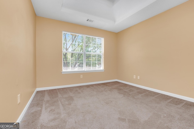 spare room with a raised ceiling, light colored carpet, visible vents, and baseboards