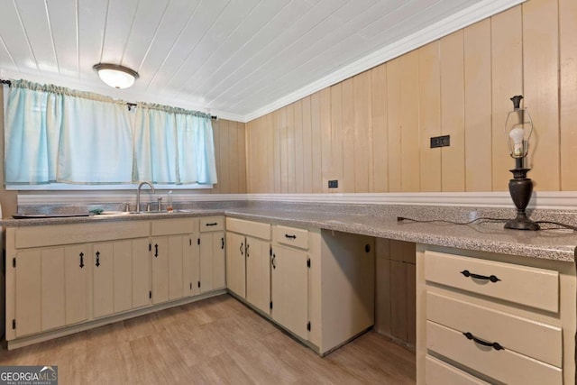 kitchen with sink, light hardwood / wood-style flooring, crown molding, and cream cabinetry