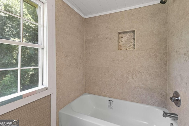 bathroom featuring a tub, plenty of natural light, and ornamental molding