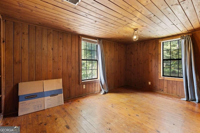 spare room featuring wooden ceiling, hardwood / wood-style flooring, and wood walls