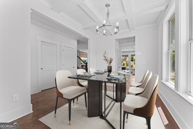 dining area with beam ceiling, coffered ceiling, plenty of natural light, and dark wood-type flooring