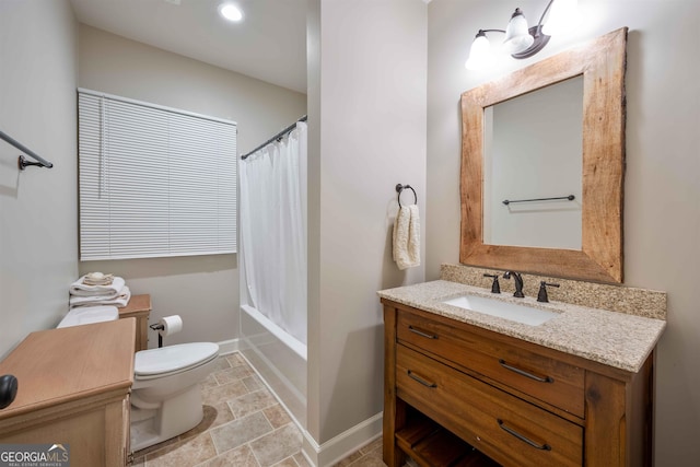 full bathroom with tile patterned flooring, shower / bath combination with curtain, toilet, and vanity