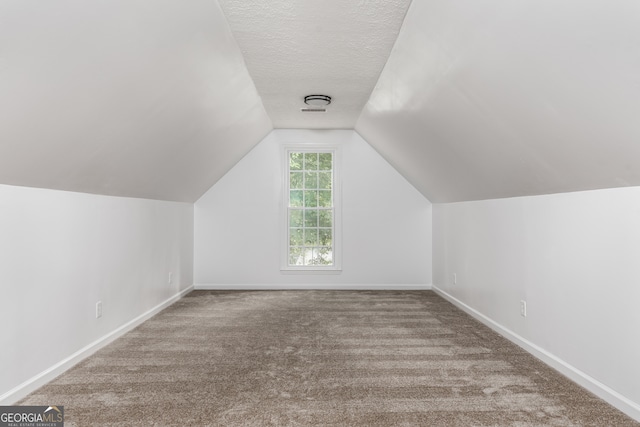 additional living space with vaulted ceiling, a textured ceiling, and carpet