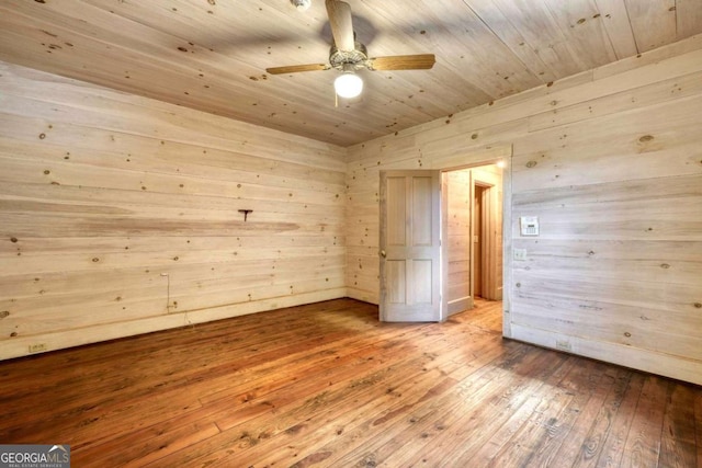 spare room featuring light hardwood / wood-style floors, wooden ceiling, ceiling fan, and wood walls