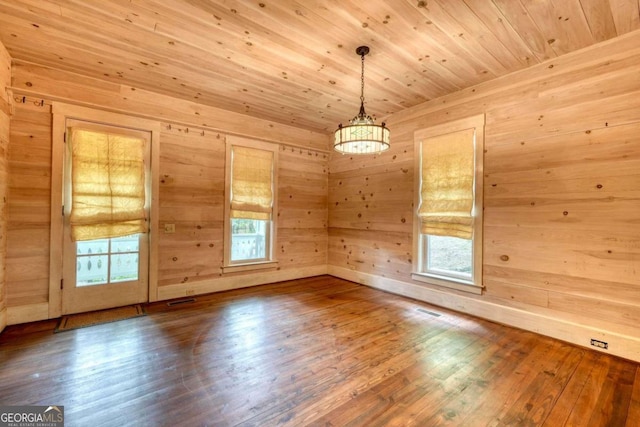 unfurnished dining area with wood ceiling, wooden walls, visible vents, and wood finished floors