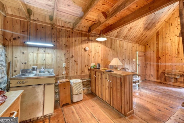 interior space featuring wood ceiling, vaulted ceiling with beams, light wood-style flooring, and wooden walls