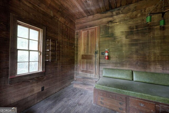 interior space featuring wooden ceiling, wooden walls, and wood finished floors