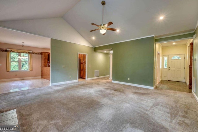 unfurnished living room featuring ceiling fan, high vaulted ceiling, and light tile patterned flooring